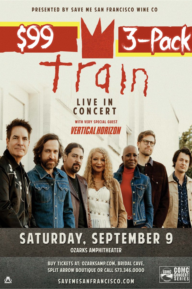 3 seats for $99 to see @train this Saturday, September 9th! Don't miss out on an awesome deal and an even better show! Tickets are available at ozarksamp.com