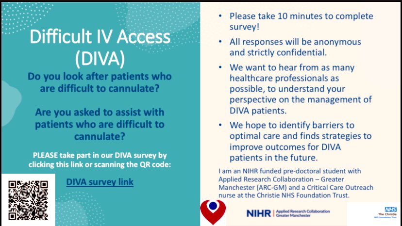 As part of my pre-doc fellowship @ARC_GM_ I am looking at how CPG translates into practice for patients with difficult IV access (DIVA). If you manage/ care for/ cannulate patients with DIVA please consider completing this survey. Retweets most welcome qfreeaccountssjc1.az1.qualtrics.com/jfe/form/SV_42…