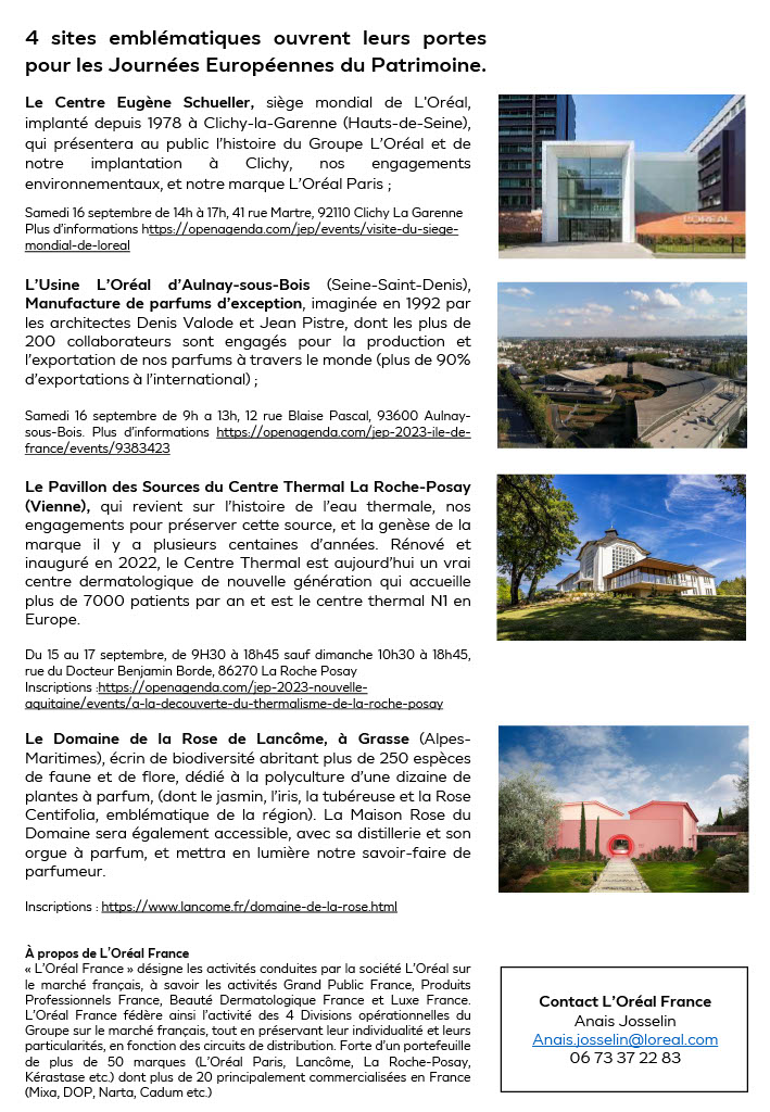 #Newsroom | Pour la 1ère fois, L'Oréal Groupe participe aux Journées européennes du #Patrimoine  🇫🇷 

Avec l'ouverture de 4 de nos sites en France, nous célébrons notre ancrage dans l'Hexagone et nos 114 ans d'histoire.   

Le communiqué de presse 👇 #JournéesduPatrimoine