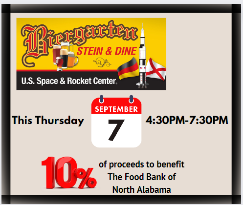 Where can you have a unique experience that involves a huge Saturn V rocket? <a href="/RocketCenterUSA/">U.S. Space & Rocket Center</a> Biergarten is today, and we're the featured charity. You can Stein &amp; Dine and give back to our community. We'll be there. Stop by and say 'hi'