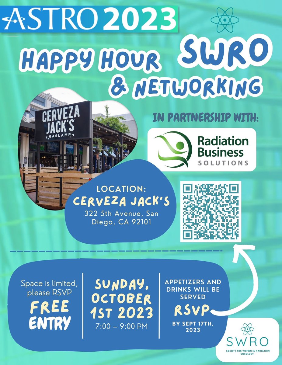 Don’t miss out on our #ASTRO2023 Happy Hour and Networking event! In partnership with @RadBusSolutions, we will be hosting @cervezajacks 🎉 on Sunday, October 1st for some quality time to catch up and do some networking! @ASTRO_org #WeWhoCurie #RadOnc