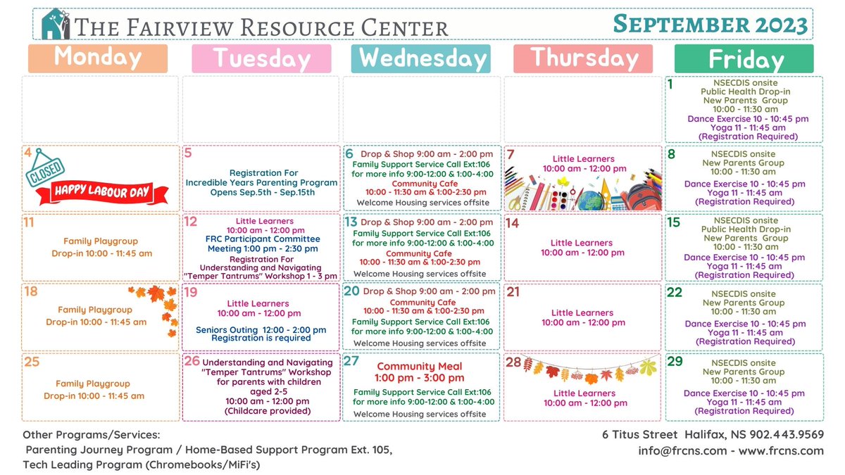 NovaVillageNS's tweet photo. Check out our schedule for the September and October calendars!
#FRC #fairview #halifax #parentingsupport #resourcecentre #seniorsupport https://t.co/sN1uTxHrJO