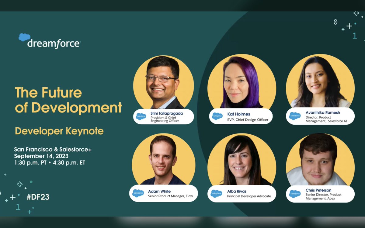 Fact: there is no better way to end #DF23 than to join the #developer Keynote! This is a great occasion for <a href="/SalesforceDevs/">Salesforce Developers</a> to get a sneak peak at our upcoming innovations.
⏰ Sep 14 | 1:30 pm PT
📅 Agenda sforce.co/45E4OAq
💻 Salesforce+ agenda: sforce.co/44x1ypv