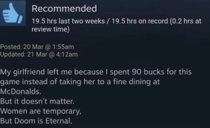 OddSteamReviews's tweet photo. Doom Eternal https://t.co/JSlthUZ1GL