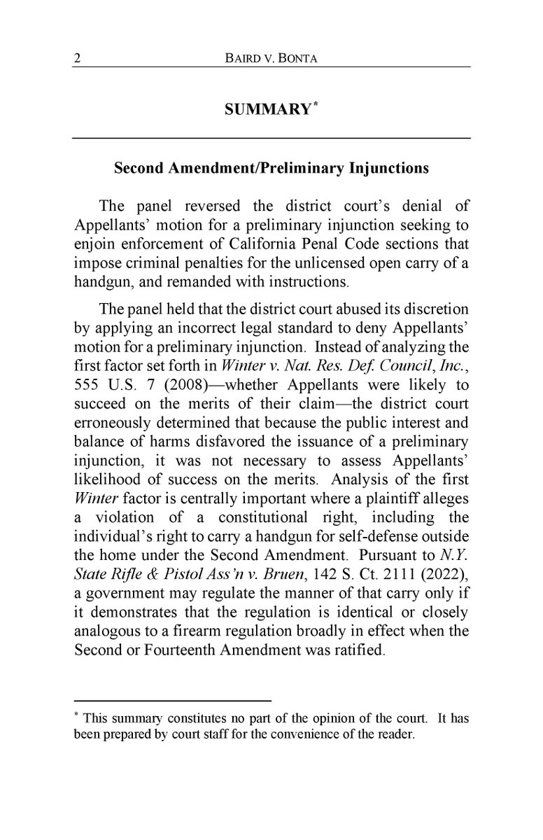 gunpolicy's tweet image. LEGAL ALERT: The Ninth Circuit has remanded a lawsuit challenging California's open carry ban, saying the district court used the wrong test when denying the motion for preliminary injunction and should "expeditiously" reconsider it using the correct one. cdn.ca9.uscourts.gov/datastore/opin…