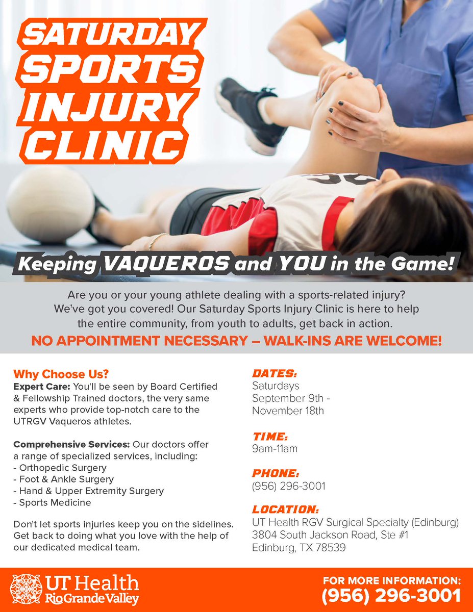 Dealing with a sports-related injury? You're not alone! Our Saturday Sports Injury Clinic is here for you and your young athlete. 📅 Every Saturday, Sept. 9th to Nov. 18th ⏰ 9 am - 11 am 📍 UT Health RGV Surgical Specialty, 3804 South Jackson Road, Ste #1, Edinburg, TX 78539.