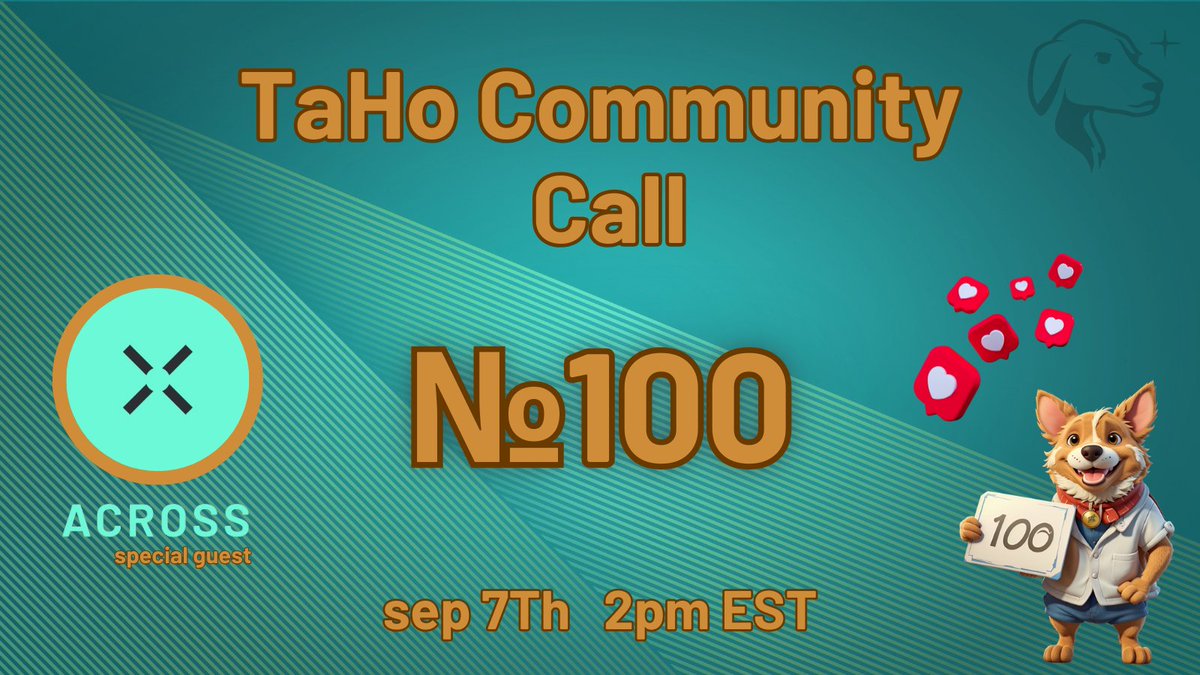 taho_xyz's tweet image. BIG NEWS!

Today, we celebrate our 100th Community Call! 🥲 🎉

featuring @AcrossProtocol 

We will be distributing a very special @Galxe OAT for all attendees. Listen in at chat.taho.xyz! 🐾