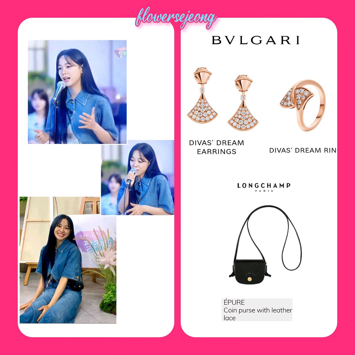Flowersejeong06's tweet photo. Kim Sejeong Brand and Fashion Style #KIMSEJEONG
#SEJEONG on IU's Pallette
#IU #bvlgari #earrings #ring #divadream #longchamp #coinpurse #pumps #sergiorossi #eenk #denim #reformation #skirt https://t.co/js8TfOVh1c