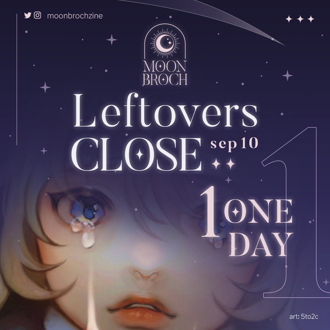 🌕LEFTOVERS CLOSE IN 1 DAY🌕

Final chance to get any goodies from the Moonbroch zine! Leftover sales will be closing tomorrow and none of the goods will ever be up for sale again, so make sure you don't miss out!