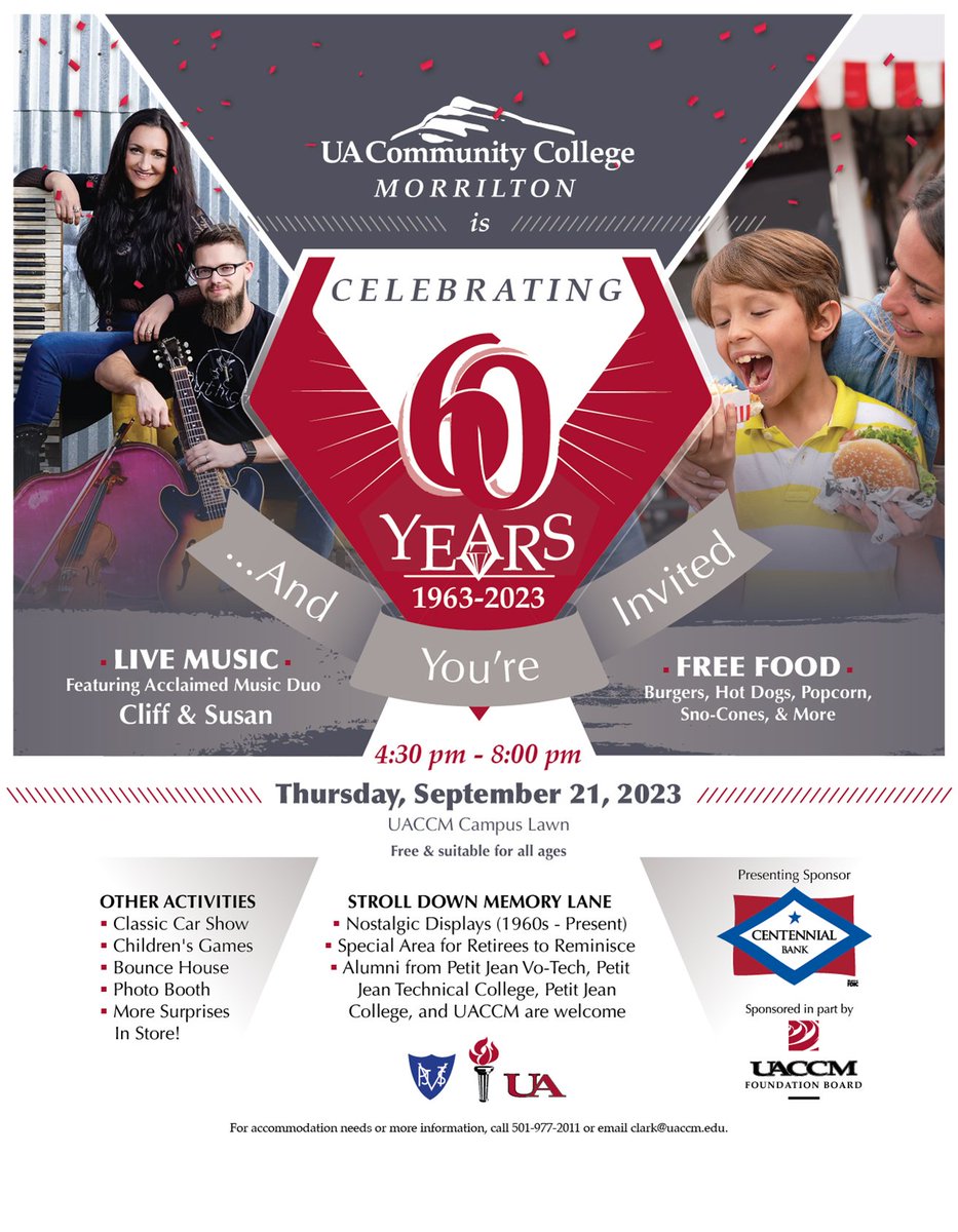 To celebrate 60 years since its opening as Petit Jean Vocational-Technical School, UACCM will host a 60-Year Anniversary Celebration for the community on Thurs., Sep. 21. The event will begin on the campus grounds at 4:30 p.m. until 8 p.m.

Read more: ow.ly/M6Qn50PIU9T