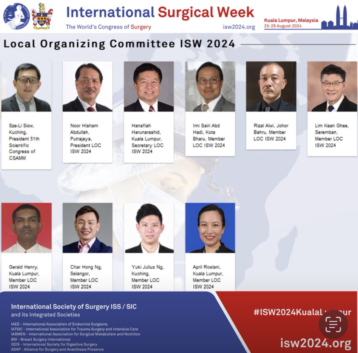 🚀 meet the Local Organizing Committee - looking forward to welcoming you at the ISW 2024 taking place 25 - 29 August 2024 in Kuala Lumpur, Malaysia 
#ISW2024KualaLumpur #ISW2024 #surgicalcongress #some4surgery #surgtweeting #isssic