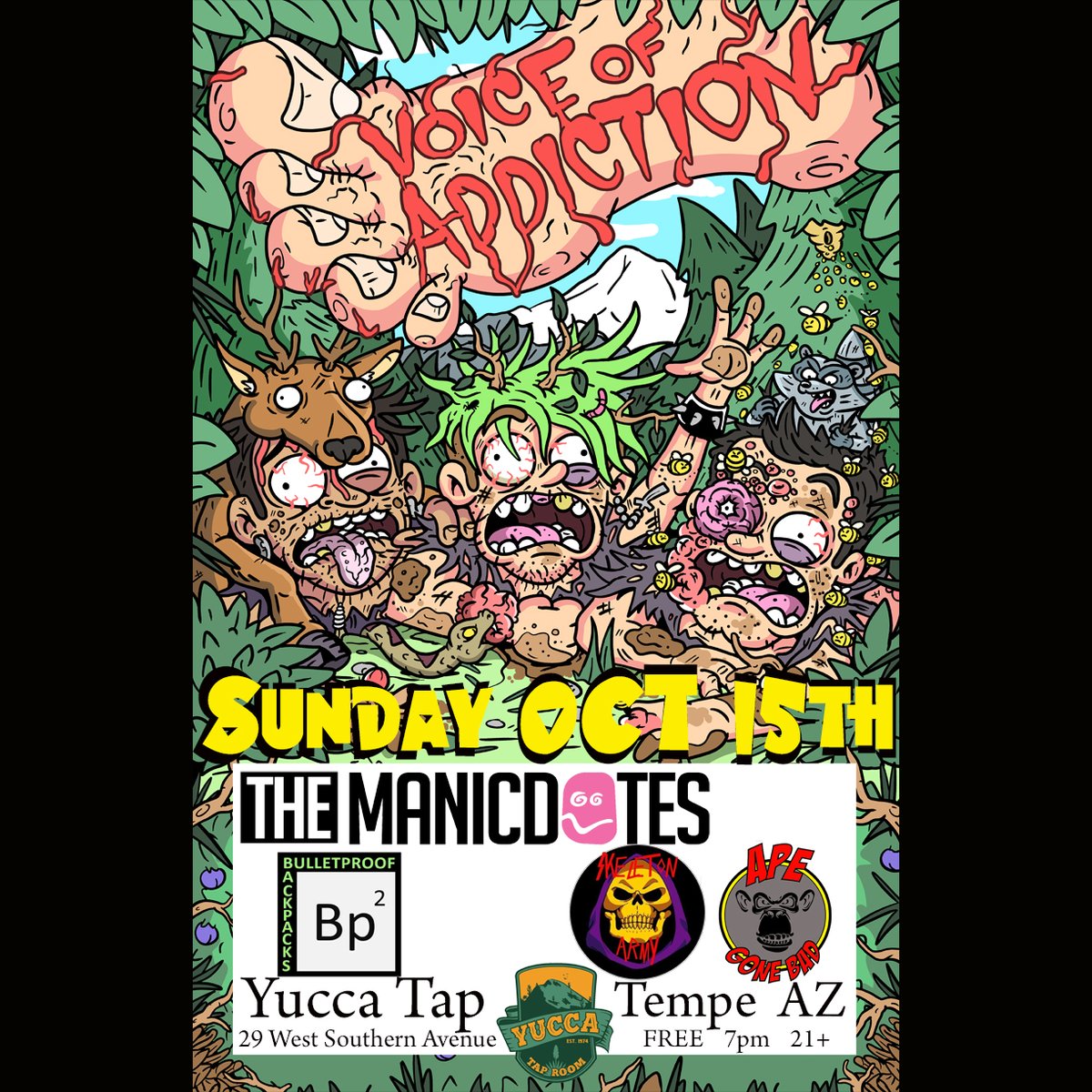SUN OCT 15th TEMPE AZ #Free <a href="/VOArockers/">Voice Of Addiction</a> (chicago) #TheManicdotes #BulletproofBackpacks #SkeletonArmy #ApeGoneBad at <a href="/Yuccataproom/">Yucca Tap Room</a> facebook.com/events/1003708… #punkshow #punk #VoiceOfAddiction #Chicagopunk #punkrock #VOA #DIY #FYP #WildintheWest