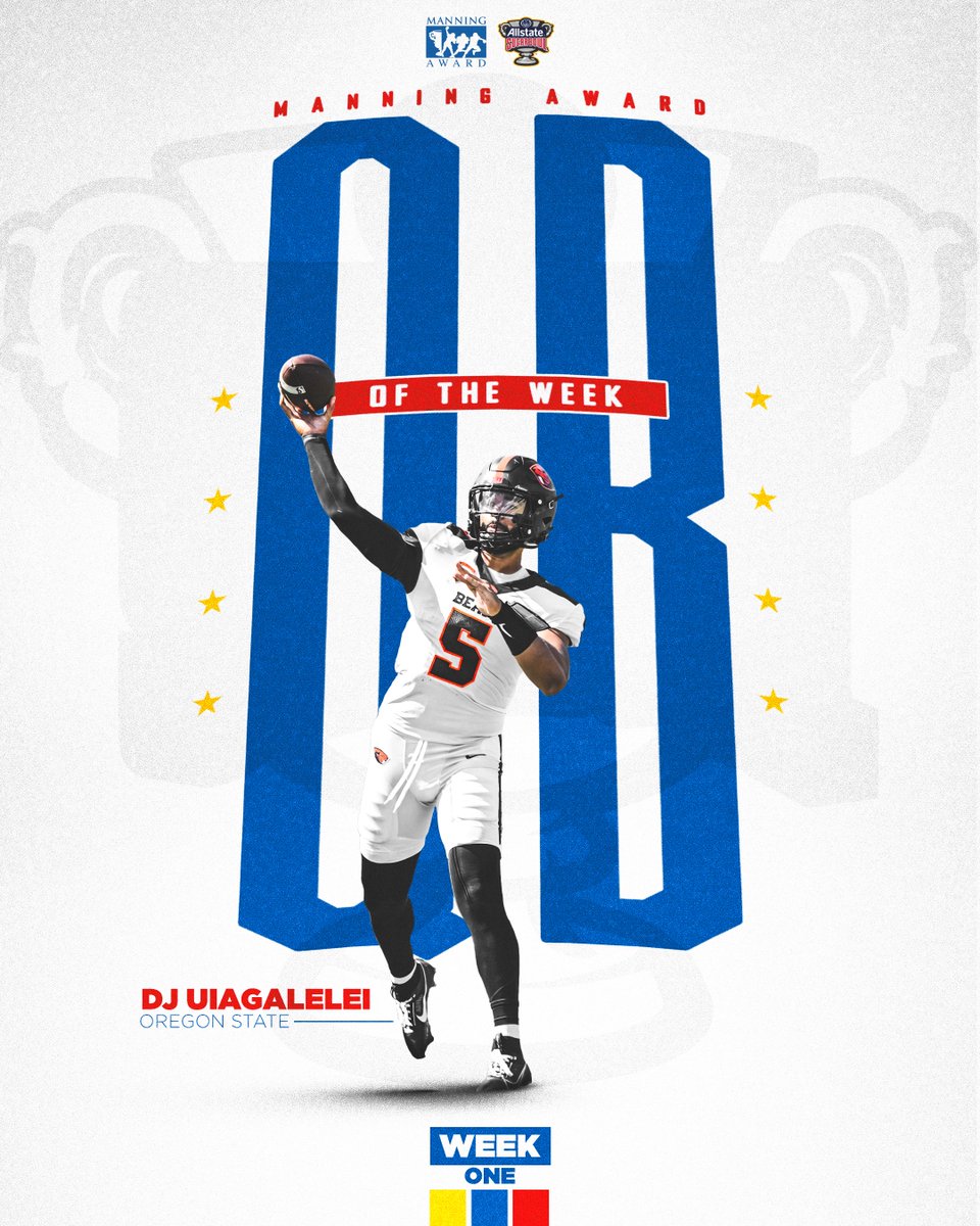 ManningAward's tweet photo. 🏆 #ManningAward QB of the Week

𝓓𝓙 𝓤𝓲𝓪𝓰𝓪𝓵𝓮𝓵𝓮𝓲, 𝓞𝓻𝓮𝓰𝓸𝓷 𝓢𝓽𝓪𝓽𝓮

20-25, 239 yds, 3 TDs, QBR: 92.9  

Made his debut for Oregon State &amp; matched his career-best with five TDs as the Beavers cruised to a 42-17 road win over San Jose State! https://t.co/QEZIJ5730Z