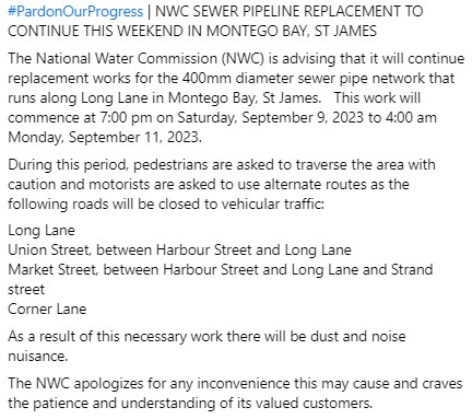 NWCjam's tweet photo. #PardonOurProgress | NWC SEWER PIPELINE REPLACEMENT TO CONTINUE THIS WEEKEND IN MONTEGO BAY, ST JAMES

See full release: https://t.co/877tKnHP4O