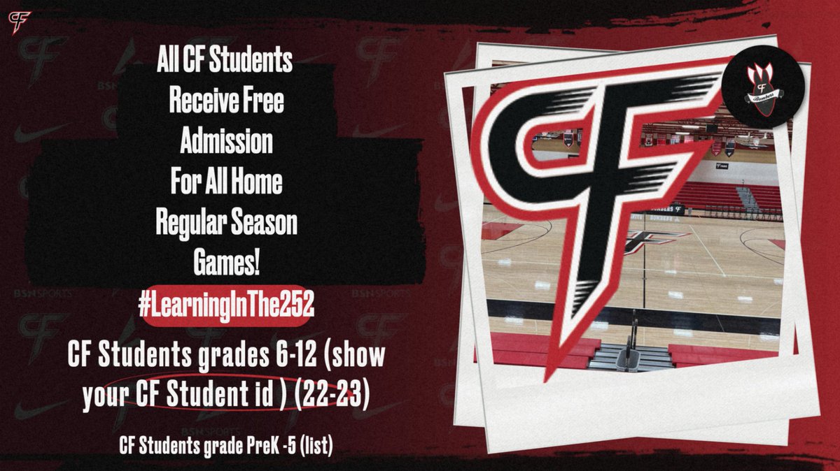 A reminder for all Cannon Falls students (PreK-12) receive free admission to all home regular season games!  Grades 6-12, please show your student id; Prek - 5 your names are on a list - please help the ticket takers.  Thank you Bombers!!! #LearningInThe252