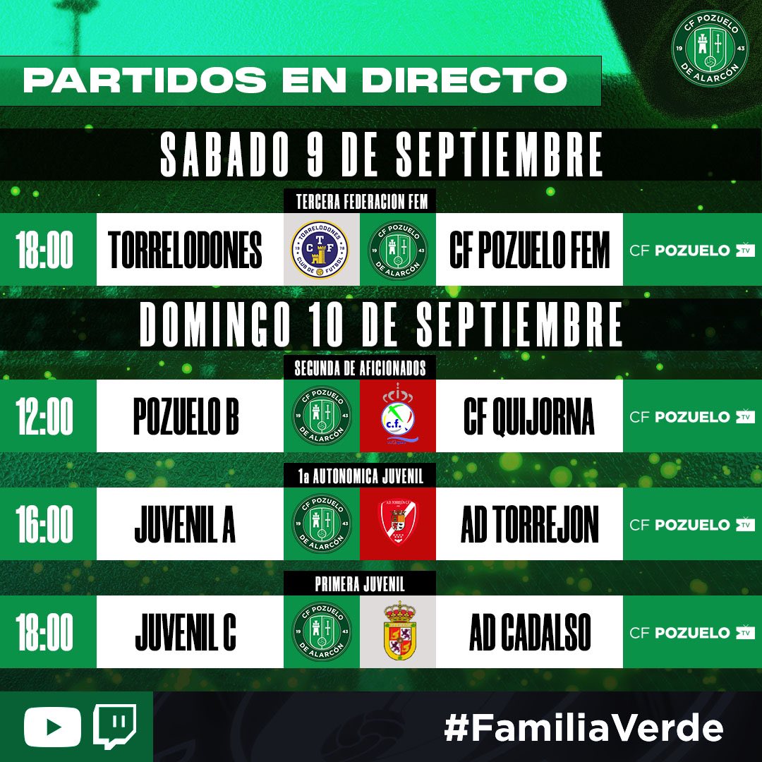 📺 𝗖𝗙 𝗣𝗢𝗭𝗨𝗘𝗟𝗢 𝗧𝗩 |

Partidos en DIRECT🔴 de este fin de semana

ꜱᴀʙᴀᴅᴏ
📌 <a href="/TORRECF/">Torrelodones CF British Montessori</a> 🆚 <a href="/PozuFem/">CF Pozuelo Femenino</a> 

ᴅᴏᴍɪɴɢᴏ
📌 #PozueloB 🆚 <a href="/CFutbolQuijorna/">C.F Quijorna Reddio</a> 
📌 #JuvenilA 🆚 <a href="/AdTorrejoncf/">A.D. TORREJON C.F.</a> 
📌 #JuvenilC 🆚 #ADCadalso 

📺 CF Pozuelo TV #Twitch &amp; #Youtube