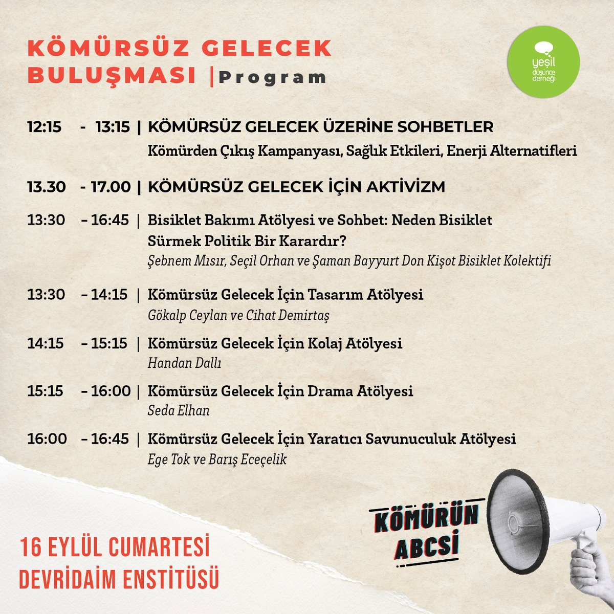 🌻 Kömürün ABCsi projesi kapsamında, iklim krizinin sebebi fosil yakıtların kullanımı ile sağlık, ekonomik ve ekolojik etkilerini tartışıp, kömürsüz bir geleceğin tahayyülünü birlikte kurmak üzere herkesi 'Kömürsüz Gelecek Buluşması'na davet ediyoruz.

👉🏾 forms.gle/DznA64V1udqqxT…