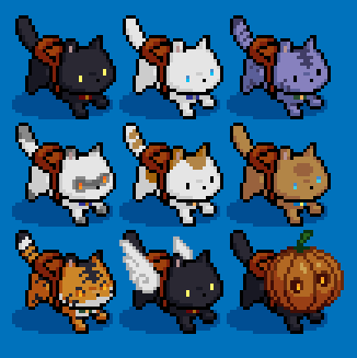 So after some inspiration yesterday, I couldn't help but experiment with some upgrades for the cat couriers:

Pumpkins give protection
Wings give flight
Tiger cat is smol and angy! (inspired by <a href="/stefscribbles/">Stef</a>)

#IndieGameDev #indiegames #pixelart #GameMaker
