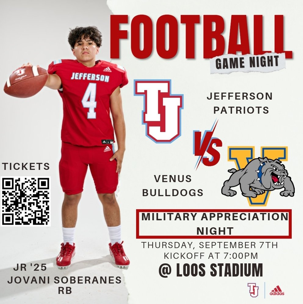 TJPatriotFB's tweet photo. 🚨🚨GAME DAY!!!!!!🚨🚨
Come support your TJ football Team. 

🆚 Venus Bulldogs 
 
📅TODAY - September 7th
⏰7:00PM
📍Loos Stadium
🎟️https://t.co/uokJDwuwr6

@dallasathletics @tjpatsathletics https://t.co/yXJoCtlwPe