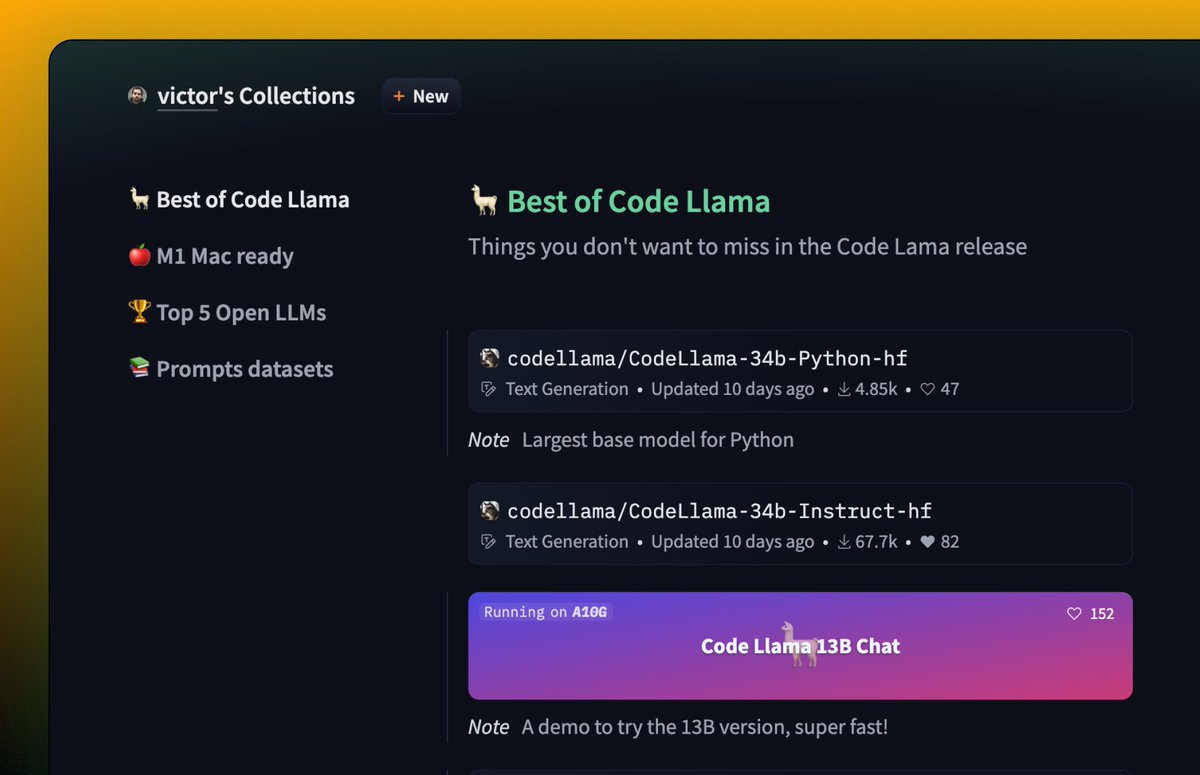 victormustar's tweet photo. ✨ Introducing Collections on the HF Hub 💫 

- Highlight specific repos on your user/org profile.
- Showcase and share a complete project (model + dataset + space).
- Bookmark things you find on the Hub in categories.

...or anything else where things need to be grouped together on their own page!