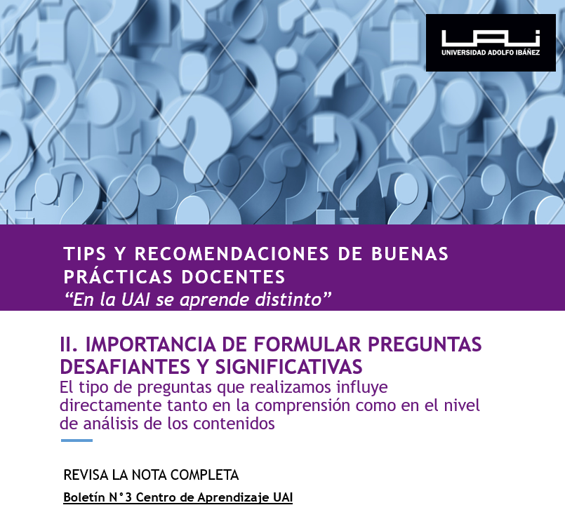 Mas allá de preguntas retóricas, busquemos hacer preguntas que realmente impulsen a los estudiantes a participar, reflexionar y poner en práctica los aprendizajes adquiridos en la sala.
Mientras más se hagan, menos estresante será para los estudiantes .#UAI #docencia