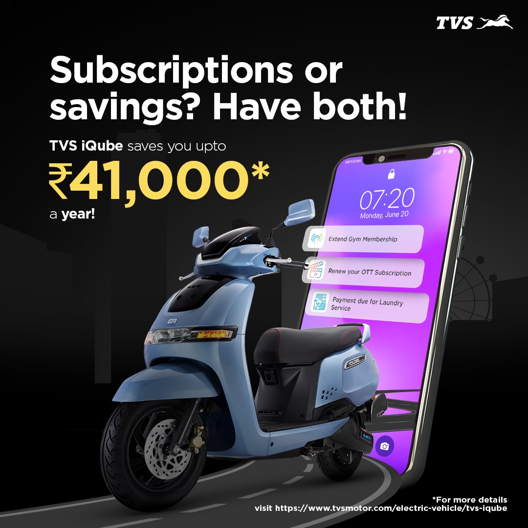 tvsiqube's tweet photo. You don't have to sacrifice your subscriptions to stay within your budget. Start saving with TVS iQube today! Curious? Buy yours and experience the #SmartlySimple savings for yourself!
#TVSiQubeElectric #TVSiQube #TVSMotorCompany #SmartlySimple https://t.co/FBlKcU9Qd1
