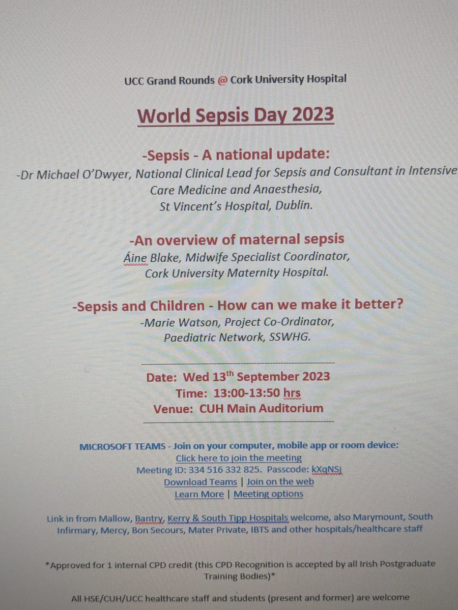 Exciting agenda for World Sepsis Day on September 13th at UCC Grand Rounds @CUH_Cork Main Auditorium at 13.00. 
@SineadHorgan1 @CatharinaH1 @denisemmccarthy @mcdoyle2016 @ClaireCostigan2 @Lornajquigley @cuh_hscp @NationalQPS @FavierSinead @AMGalvinCUH @NMPDUCorkKerry