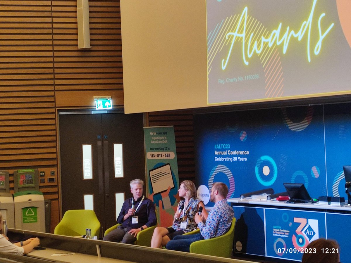 #altc23 <a href="/daveowhite/">David White</a> the ALTC23 winning team <a href="/cbowiemorrison/">Chris Morrison ©️🤓</a> and <a href="/jsecker/">Dr Jane Secker</a> were talking to <a href="/daveowhite/">David White</a> about their excellent work in copyright.