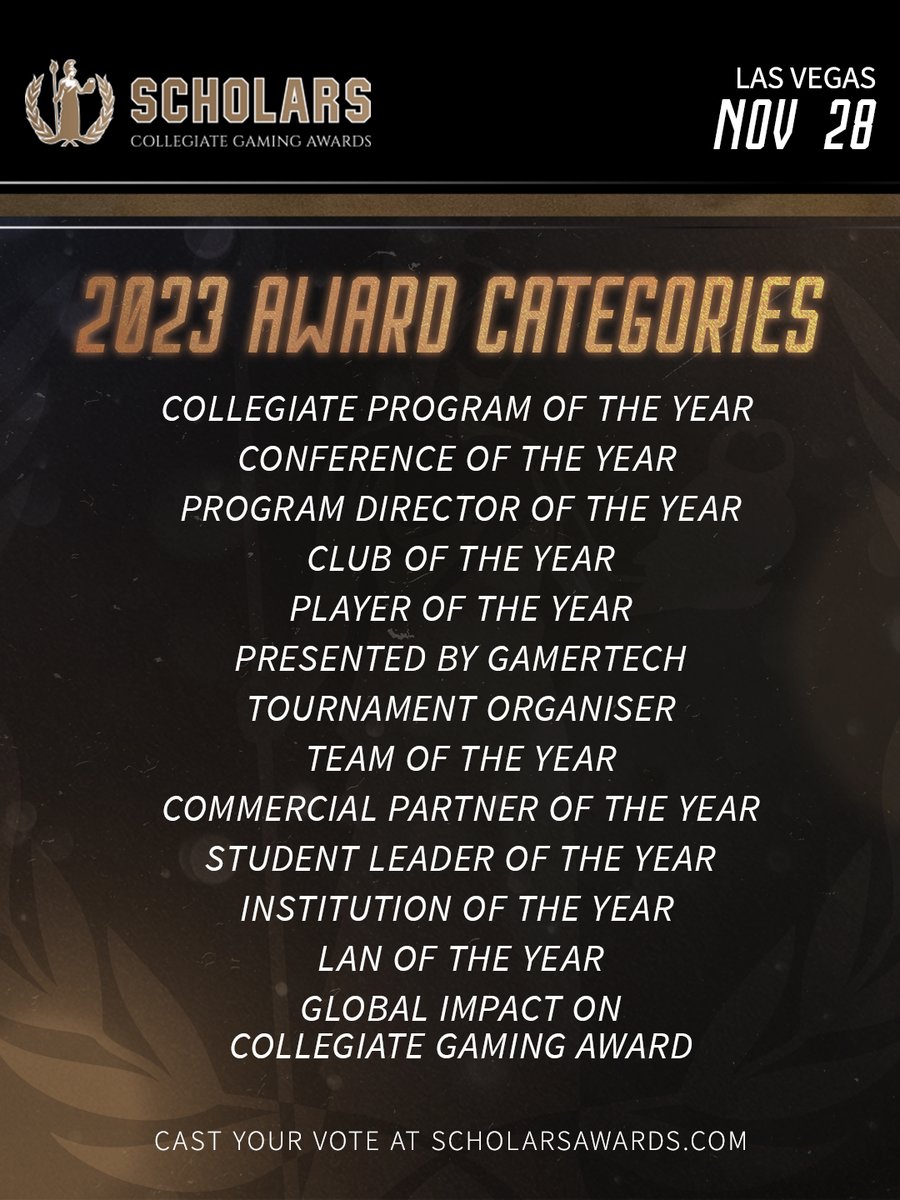 ScholarsAwards's tweet photo. We are thrilled to reveal the categories for the inaugural Scholars, #collegiategaming award.
Nominations are open NOW until Sept 15th. Don’t waste time! 
 
 ✅ Nominate: https://t.co/HGwIHvBqkW

#esports #gaming #AWARDS https://t.co/cf3IuebFkr