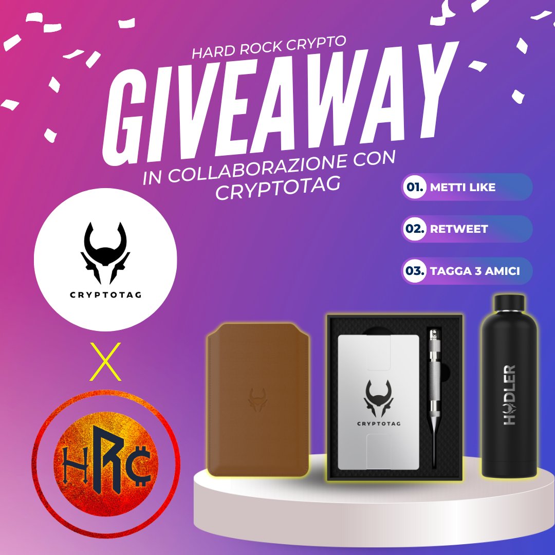 🚨CRYPTOTAG GIVEAWAY🚨 

🏆 Cryptotag Seed Phrase &amp; Zeus + Custodia e Borraccia Hodler
 
✅ Like &amp; retweet di questo post
✅ Tagga 3 amici 
✅ Segui <a href="/hardrockcrypto/">Hard Rock Crypto</a> e <a href="/CRYPTO_TAG/">CRYPTOTAG | Seed Phrase Storage</a> 

📅 Il vincitore sarà annunciato Lunedì 11 Settembre dopo le ore 11:00 (UTC+2)