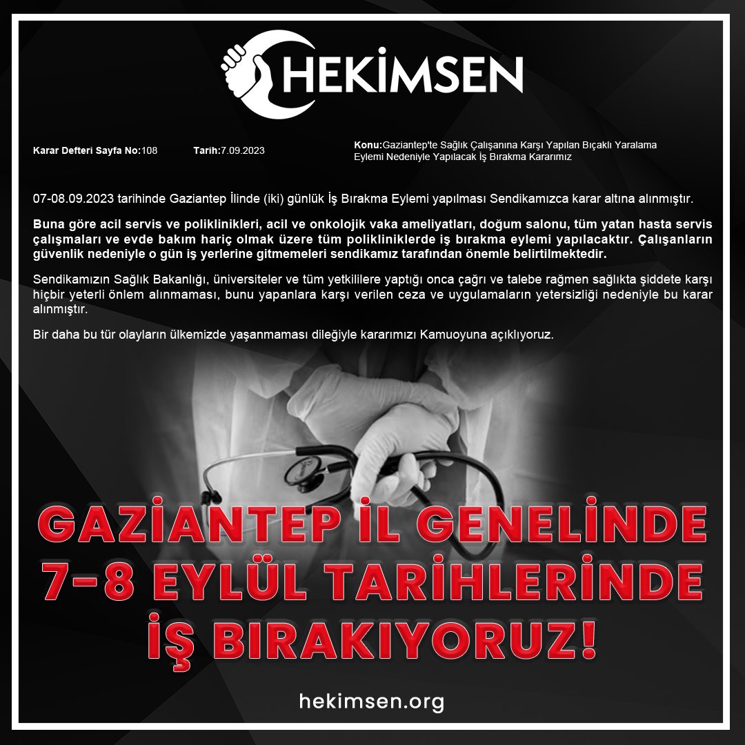Gaziantep Üniversitesi Tıp Fakültesi Hastanesi'nde gerçekleşen olay bir kez daha göstermiştir ki kamu içerisinde yer alan sağlık kuruluşları güvenlik anlamında can çekişmektedir.
Bu anlamda <a href="/hekimsen/">Hekimsen</a> sendikası olarak Hekim ve sağlık çalışanlarının can güvenliğinin sağlanamadığı,