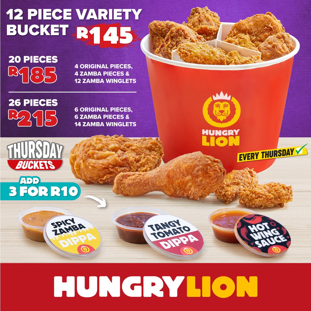 hungrylion's tweet photo. πThursday is Bucket Day! π Our Variety Buckets have something for everyone β π original BIGGER pieces, ππ₯ Zamba pieces, and Zamba winglets! PLUS now you can add 3 Dippas for R10! π Available at all stores, every Thursday. #ThursdayBuckets https://t.co/bjxcZCL4fY