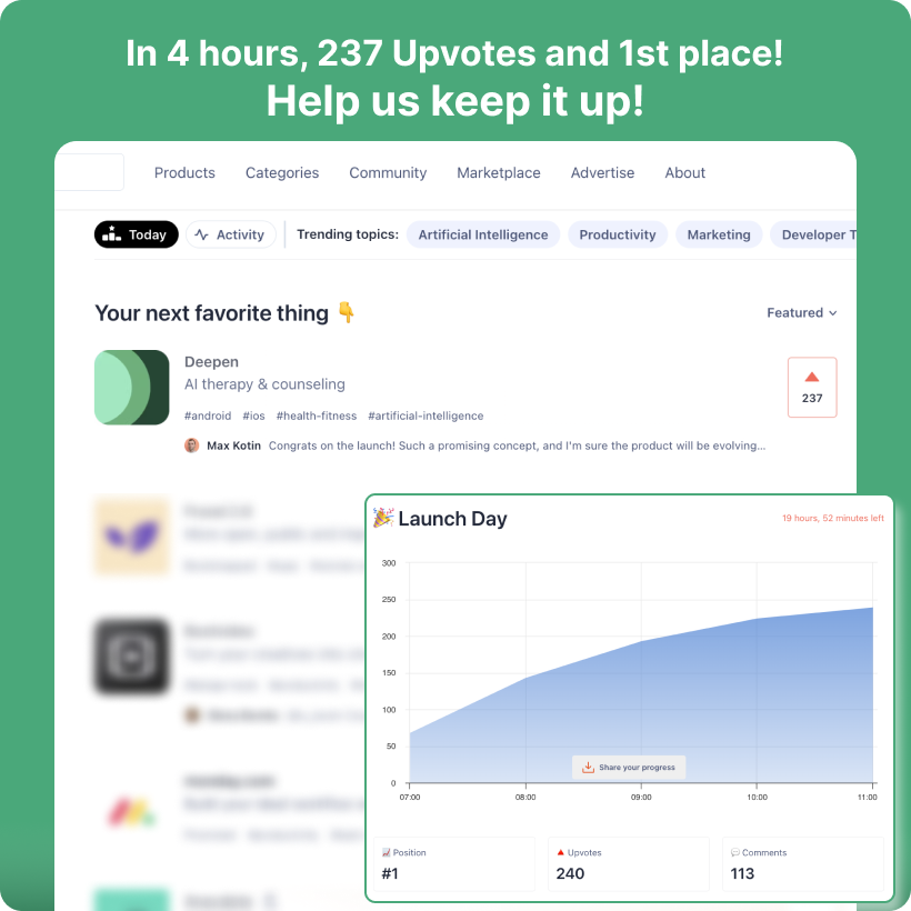 Thank you all for the support! first 4 hours were a blast, help us keep it up by sharing! producthunt.com/posts/deepen