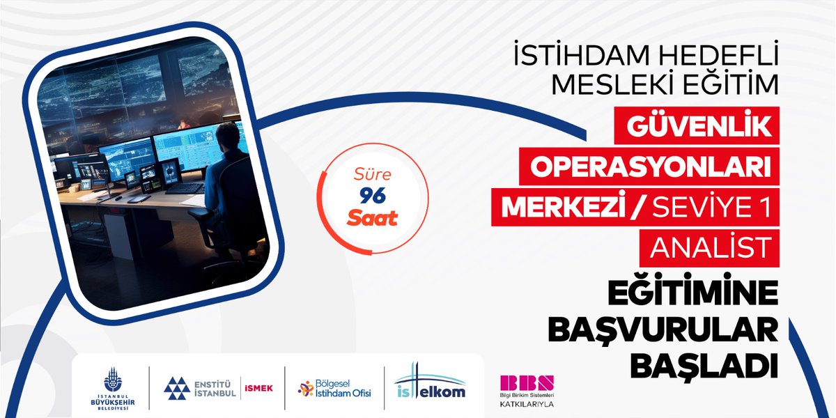 Bölgesel İstihdam Ofisi (BİO), İSTTELKOM ve Bilgi Birikim Sistemleri AŞ (BSS) iş birliği ile gerçekleştirdiğimiz istihdam hedefli “Güvenlik Operasyonları Merkezi - Seviye 1” yeni mesleki eğitim programımıza başvurular başladı.