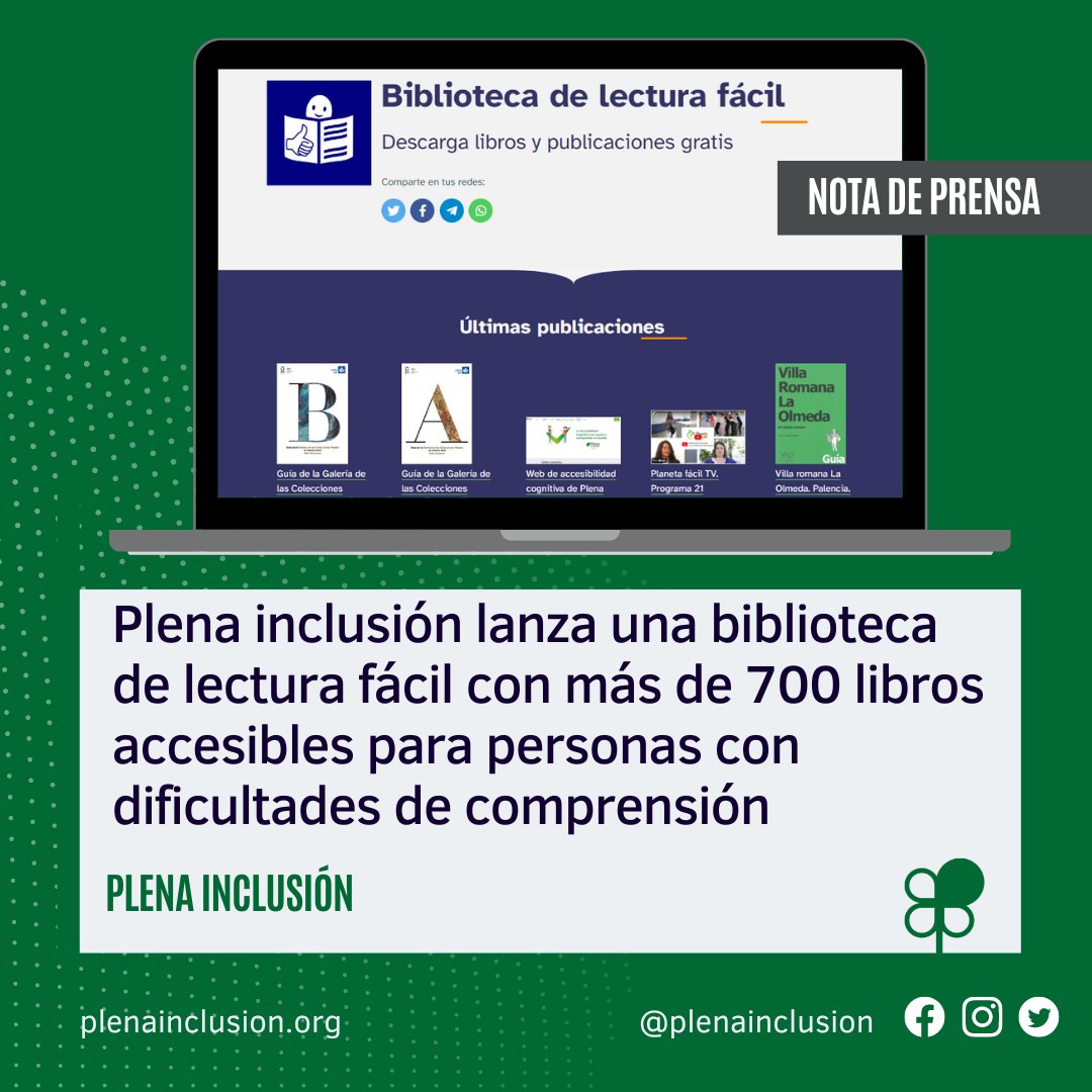 Plenainclusion's tweet photo. NOTA DE PRENSA | Plena inclusión lanza una biblioteca de lectura fácil con más de 700 libros accesibles para personas con dificultades de comprensión 📚

👉Recopila en un único espacio online cientos de federaciones y entidades

⬇️ Enlace
https://t.co/8ulvUYU53A https://t.co/glSCqcBl0U