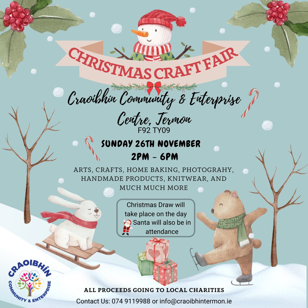 It’s Back🤩😁

After a 3-year absence, we at Craoibhín are delighted to announce that we will once again be holding our Christmas Craft Fair 🎅🎄

It will take place on Sunday 26th November from 2-6pm

Anyone looking to book a table can contact the centre ⛄️
#christmas #craftfair