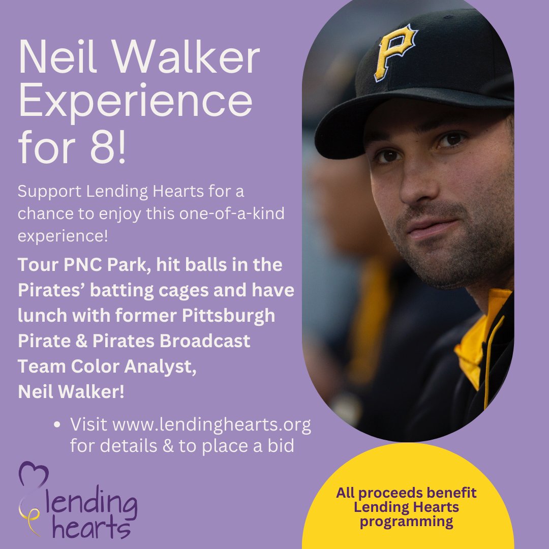 Lending Hearts (@lendinghearts) on Twitter photo Calling all <a href="/Pirates/">Pittsburgh Pirates</a> & <a href="/NeilWalker18/">Neil Walker</a> fans!
Winner & 7 of their guests will tour PNC Park, hit balls in the Pirates' batting cages & have lunch with Neil on Sat, 10/7! Place your silent auction bid one.bidpal.net/2023lhgolf/bro… *Auction closes 9/21 3:30 PM. Calling all <a href="/Pirates/">Pittsburgh Pirates</a> & <a href="/NeilWalker18/">Neil Walker</a> fans!
Winner & 7 of their guests will tour PNC Park, hit balls in the Pirates' batting cages & have lunch with Neil on Sat, 10/7! Place your silent auction bid one.bidpal.net/2023lhgolf/bro… *Auction closes 9/21 3:30 PM.