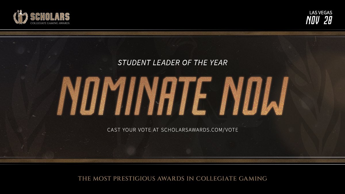 ScholarsAwards's tweet photo. Submit your nominations now for the Collegiate Student Leader of the Year award NOW
Remember, you only have until Sept. 15th.

✅ Nominate: https://t.co/HGwIHvASvo

Scholars, Collegiate Awards 2023 - November 28th | Resorts World Las Vegas
#scholarsawards #collegiategaming https://t.co/uwbO9SHFMd