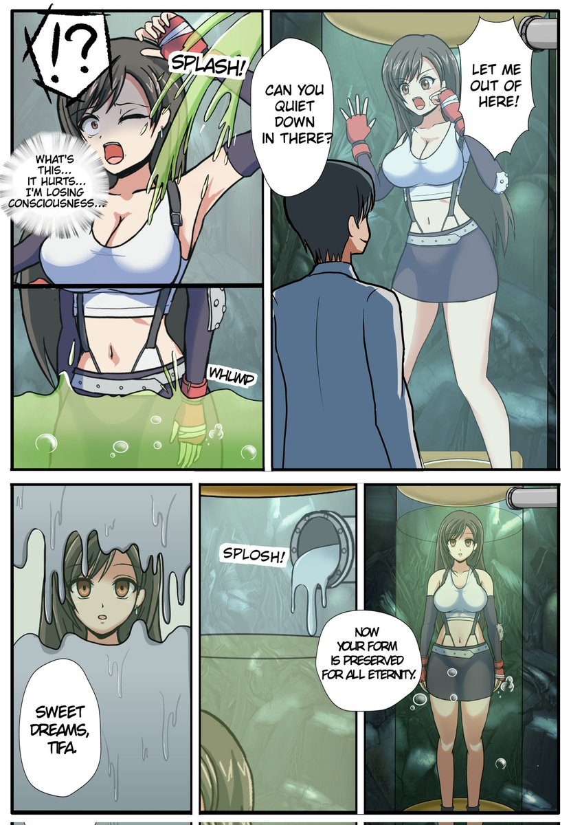 ある街で女性の失踪事件が発生。真相を探る郊外の研究施設にティファは潜入する。
施設では行方不明となった人たちそっくりの金属像がカプセルに入れられ陳列されていた。
その像の精巧さに目を奪われていたティファは背後に迫った人影に気づかず捉えられてしまうのであった…
#金属化 #ASFR