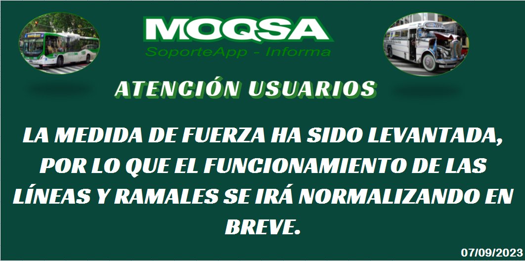 ATENCIÓN:
Se está empezando a restablecer el servicio en todas las líneas y ramales.
#Línea159
#Línea219
#Línea300
#Línea372
#Línea584
#Línea603
#Línea619
#Semi_Rapidos