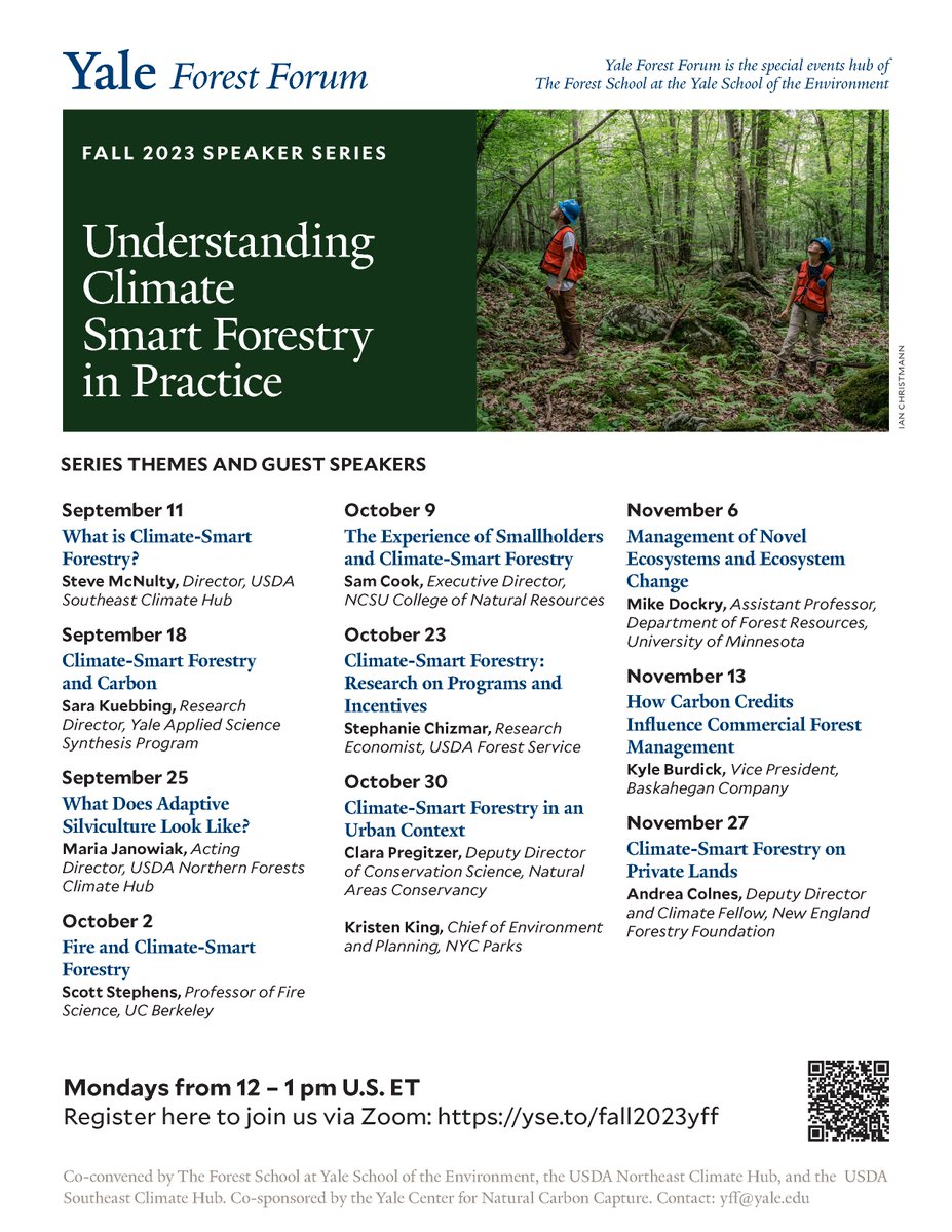 Yale Forestry (@yaleforestry) on Twitter photo Join us for this fall's #YaleForestForum speaker series on #Climate-Smart #Forestry with <a href="/USDAClimateHubs/">USDA Climate Hubs</a>!
Register today: yse.to/fall2023yff Join us for this fall's #YaleForestForum speaker series on #Climate-Smart #Forestry with <a href="/USDAClimateHubs/">USDA Climate Hubs</a>!
Register today: yse.to/fall2023yff