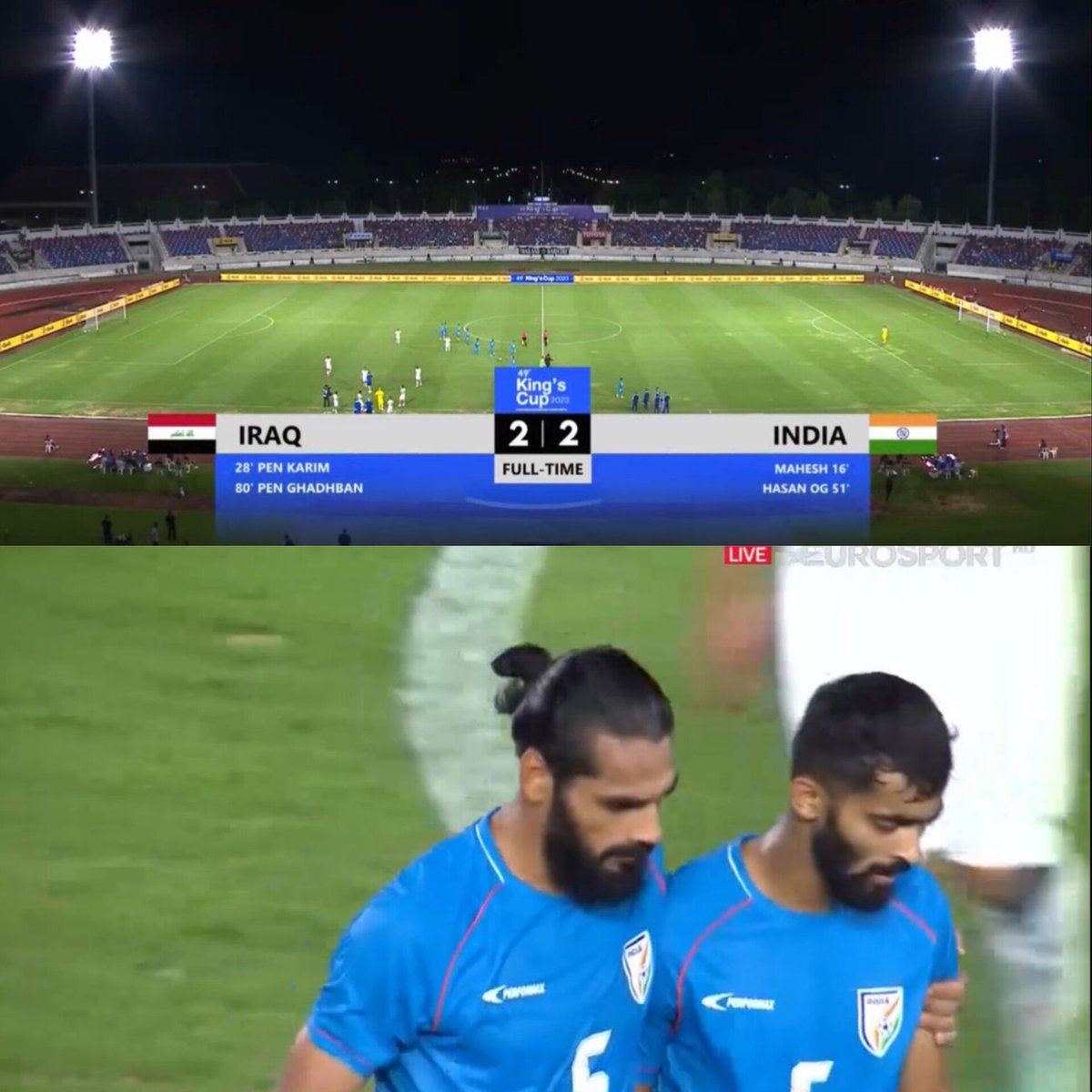 InsideSportIND's tweet photo. At the end of 90 mins it's all square so now it's time for Penalties 🔥⚽

📸:- Eurosport HD 

#KingsCup2023 #INDvIRQ #IndianFootball #Insidesport #football https://t.co/Me9hkwzWp6