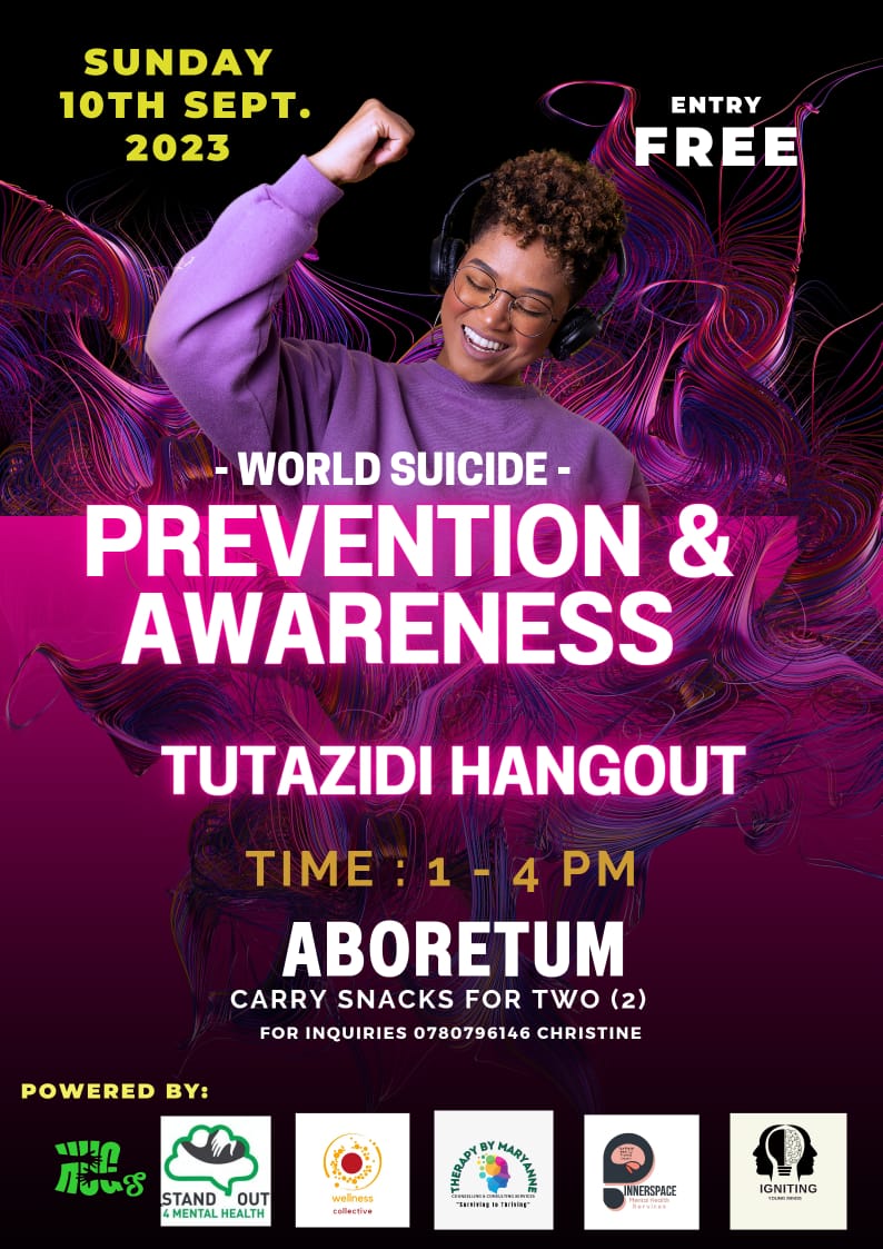 maryanne_ruguru's tweet photo. Come hang out with us as we commemorate #worldsuicidepreventionday on 10th September at Aboretum from 1pm. 

The activities include:
🎗️Mental health clinic 
🎗️Games 
🎗️Sharing of lived experiences
🎗️Yoga 
🎗️Dances and music 

Sign up  https://t.co/VaOlnC44W1

#SuicidePrevention https://t.co/qkcuzUtdx9