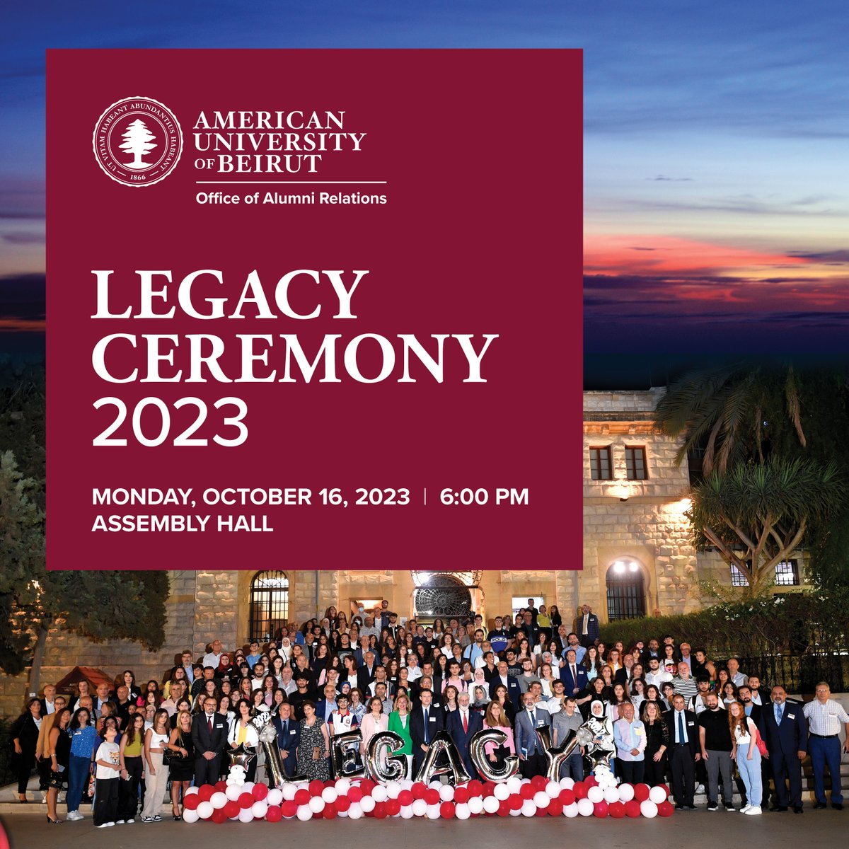 AUBAlumni's tweet photo. If your son/daughter, grandson/granddaughter, joined @AUB_Lebanon this semester &amp; you are an alum, join us at the Legacy Ceremony on Oct 16, 6 pm to celebrate multi-generational ties to AUB, as our newest students embark on their educational journeys. RSVP https://t.co/ciOz7QOSYa https://t.co/rYqkgTLQPn