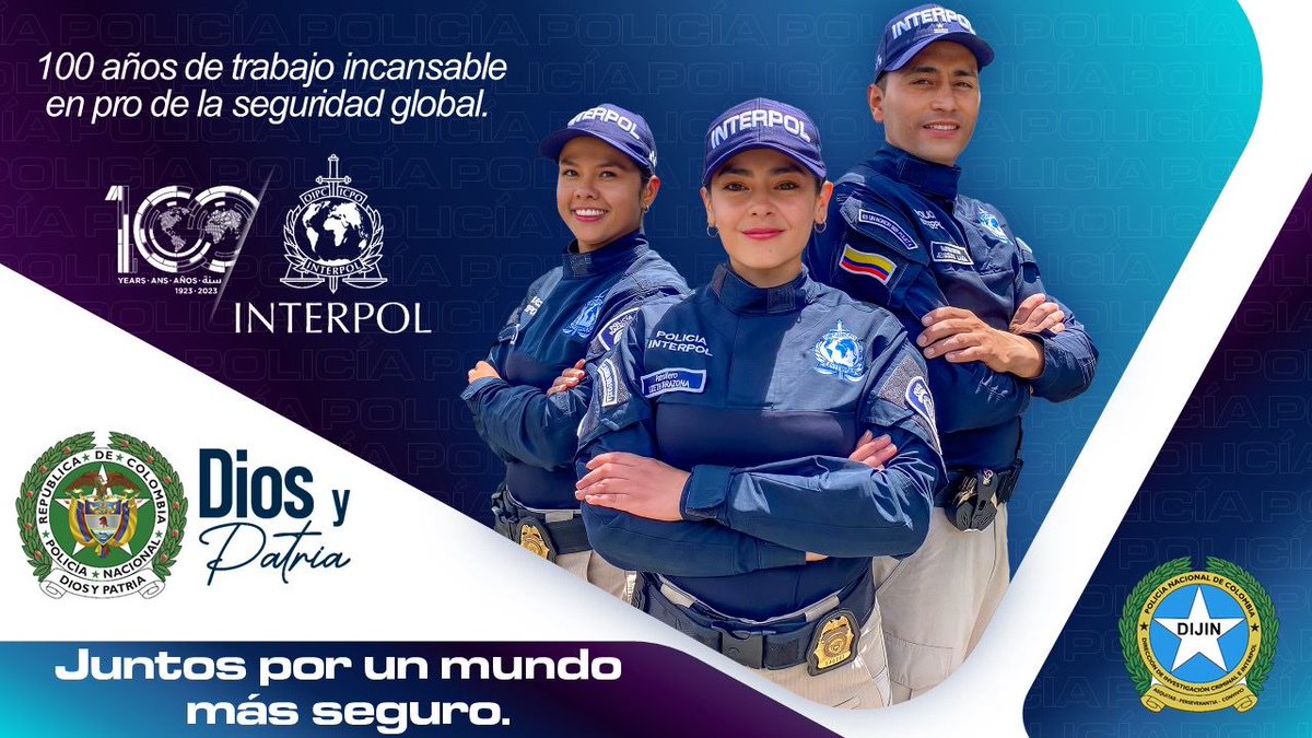 DIJINPolicia's tweet image. La Dirección de Investigación Criminal e INTERPOL, festeja los 100 años de presencia constante, evolución capacidades e innovación en la seguridad internacional de @INTERPOL_HQ   

#DiosYPatria 
#INTERPOL100
