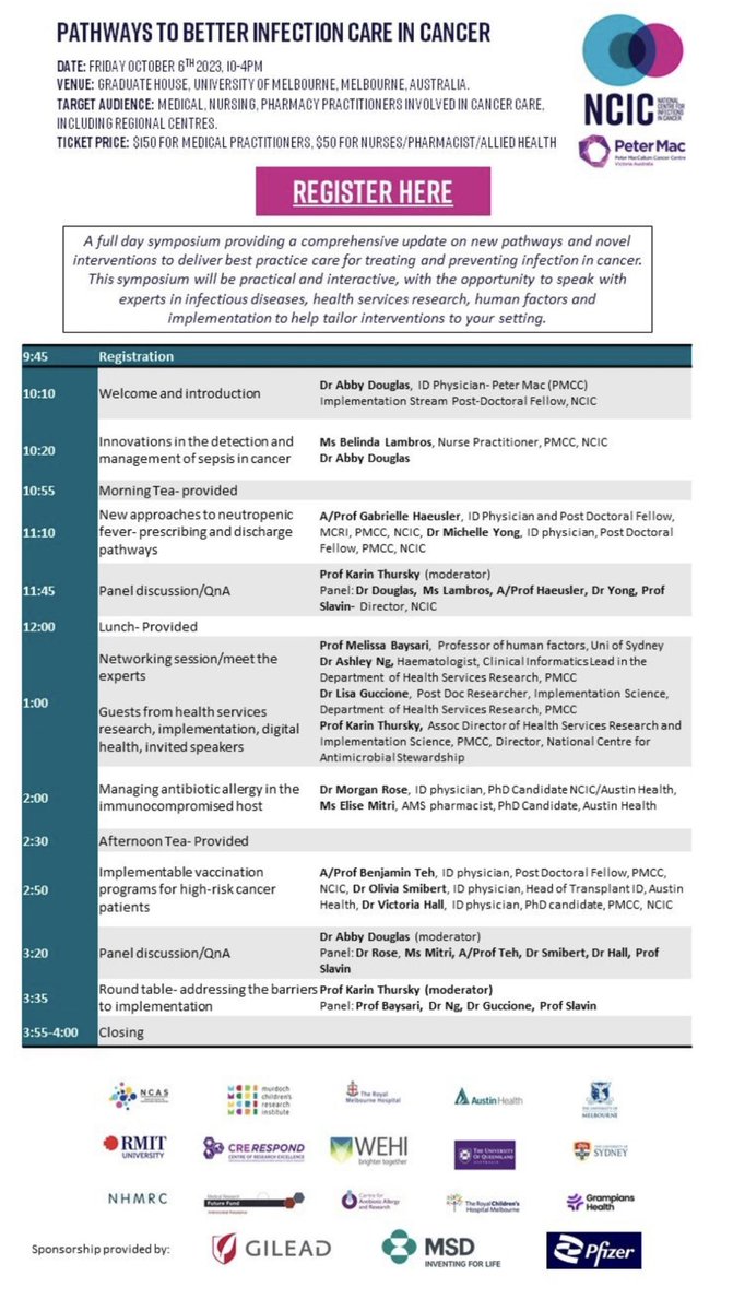 Join us on Friday October 6th <a href="/UniMelb/">University of Melbourne</a> annual <a href="/NCICancer/">NCIC</a> symposium. Learn novel interventions &amp; models of care in preventing and treating infection. Meet leading experts in the field <a href="/gabhaeusler/">Gabrielle Haeusler</a> <a href="/benwteh/">Ben Teh</a> <a href="/monicaslavin/">monica slavin</a> <a href="/AbbyPDouglas/">Abby Douglas</a> <a href="/victoriahall26/">Tori Hall</a> <a href="/livbadiv/">Dr Olivia Smibert</a> @NCAS_
