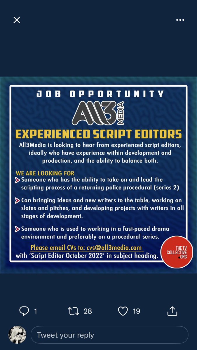 luffers's tweet image. And then a couple of #scripteditor roles…
@all3media are looking for experienced script editors, ideally with experience in development & production.
Email CV to: cvs@all3media.com with ‘Script Editor Sept 2023’ as the subject.
#scriptjobs #tvdrama #development