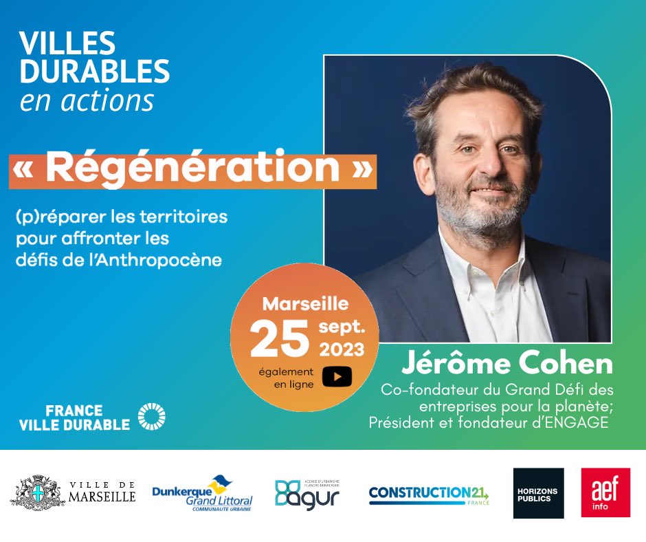 Jérôme Cohen (@jejcohen) on Twitter photo Si vous êtes à Marseille le 25 septembre. Nous y parlerons du défi de la transition écologique à l’échelle des territoires. J’évoquerai <a href="/Le_Grand_Defi/">Le Grand Défi</a>, ses propositions majeures et le travail de fond que nous menons avec <a href="/EngageFor/">ENGAGE</a> .
<a href="/VillesDurables/">VillesDurables</a> #biodiversité #marseille Si vous êtes à Marseille le 25 septembre. Nous y parlerons du défi de la transition écologique à l’échelle des territoires. J’évoquerai <a href="/Le_Grand_Defi/">Le Grand Défi</a>, ses propositions majeures et le travail de fond que nous menons avec <a href="/EngageFor/">ENGAGE</a> .
<a href="/VillesDurables/">VillesDurables</a> #biodiversité #marseille