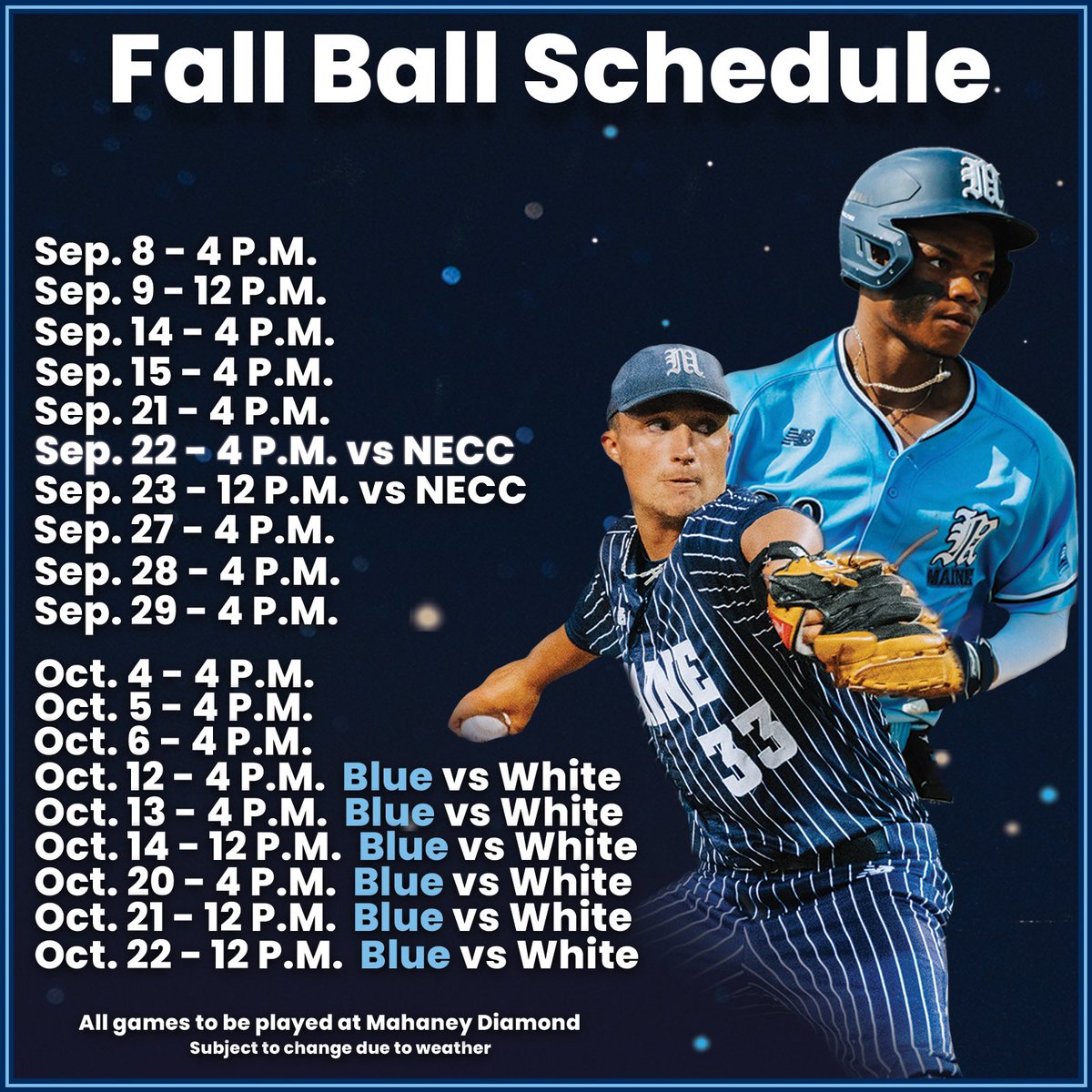 It’s time for Fall Ball ⚾️

Fans are welcome to attend any of our fall scrimmages at Mahaney Diamond!

#blackbearnation | #wineverything