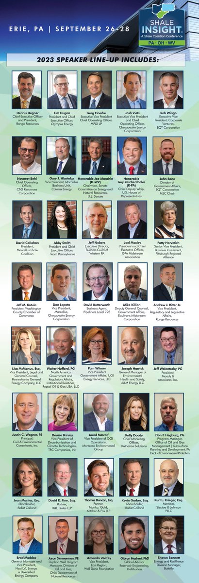 Hear directly from these leaders in shale development about future investments, environmental protection, manufacturing, and jobs in demand during SHALE INSIGHT® 2023. Don’t miss out, REGISTER TODAY: marcelluscoalition.org/shale-insight/…